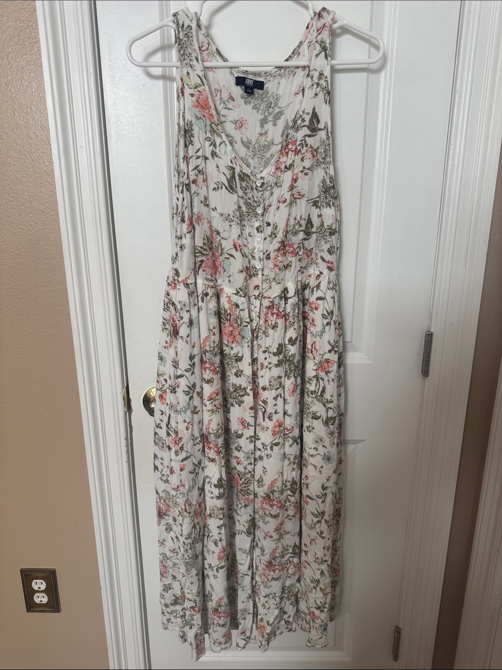 Frye White Maxi Dress with Pink Floral & Green Foliage
